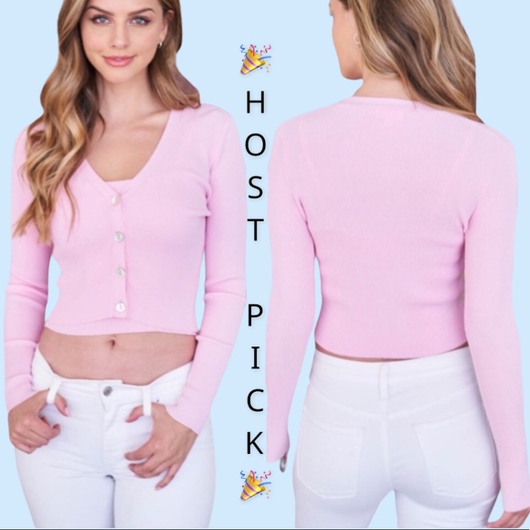 Tops - Pink V-neck Button Down Ribbed Crop Top Cardigan